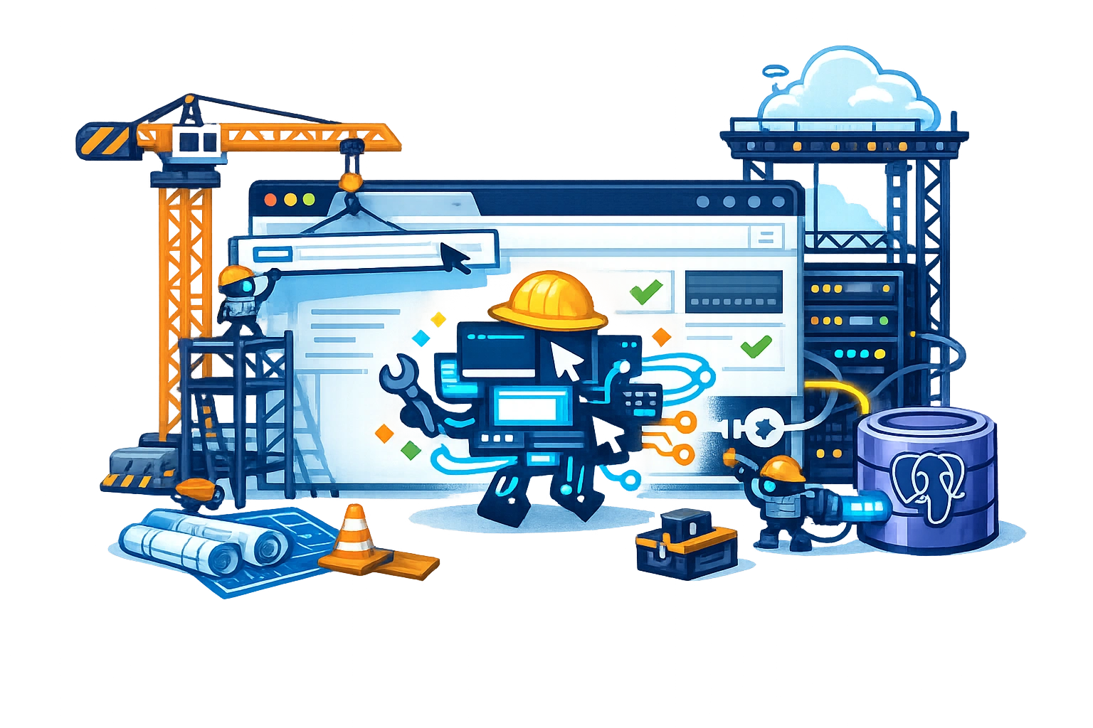 An agent construction crew building a website An agent construction crew assembling a website, wiring it to a PostgreSQL database and lifting the finished page into the cloud.