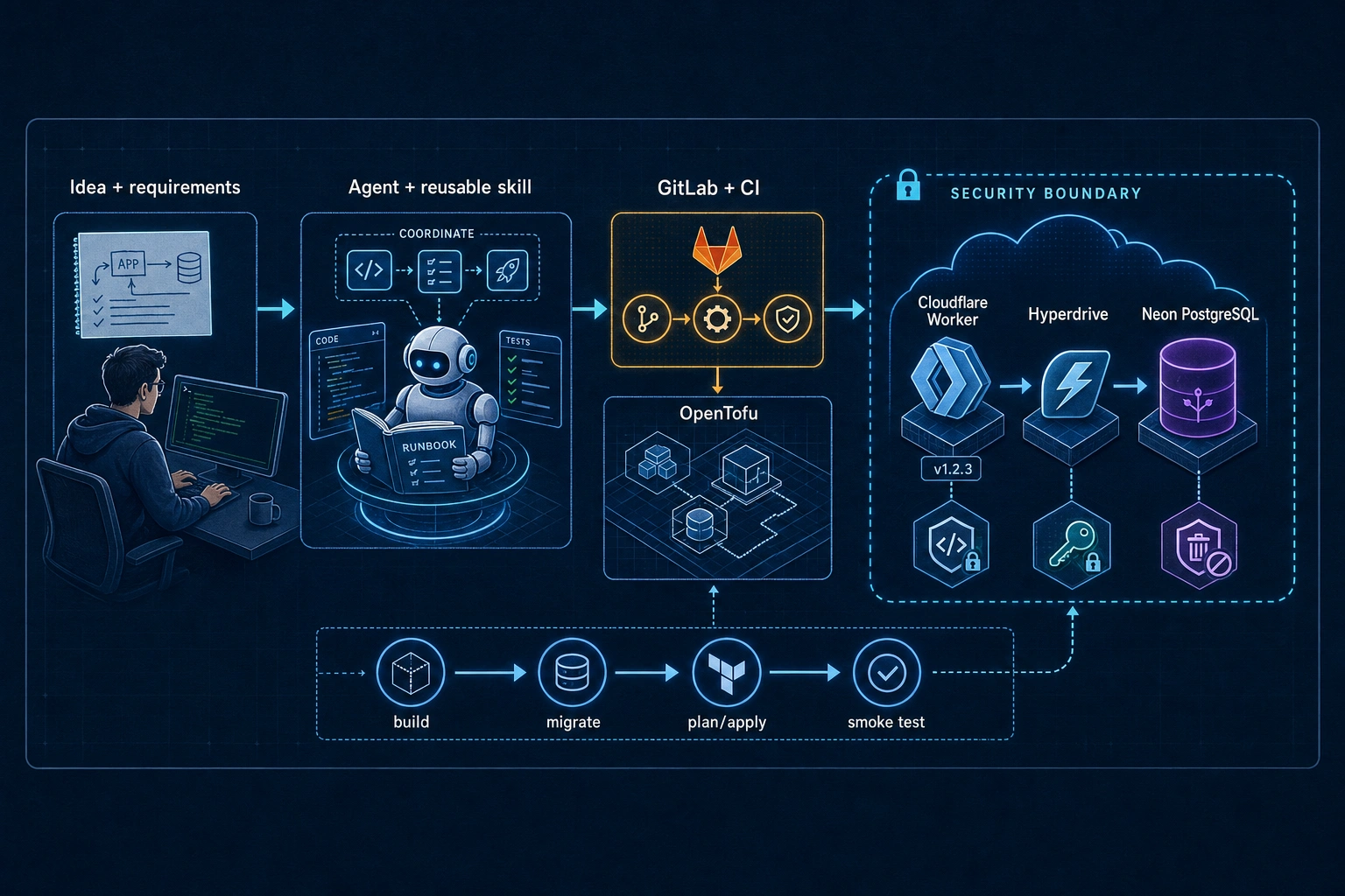 Launch Factory agent-to-application flow Illustrated Launch Factory flow from an idea and reusable agent skill, through GitLab CI and OpenTofu, to a Cloudflare Worker backed by Hyperdrive and Neon PostgreSQL.